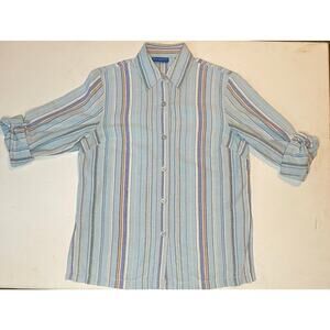 Karen Scott Sport Linen Cotton Button Up Blouse Sz S Striped Y2K resort coastal
